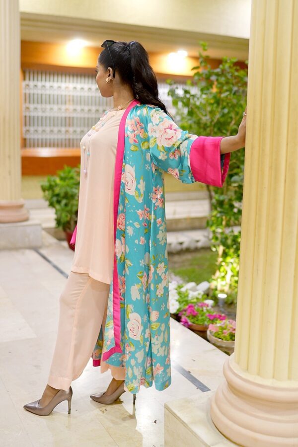 Close-up of the peach blush gorget cami and culottes from the Saanah Blossom Breeze Silk Shrug Set, showing fabric texture and fit.