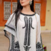 Model wearing Shan-e-Zar: White Elegance Unleashed, showcasing front view with floral embroidery, from Saanah traditional clothing collection.
