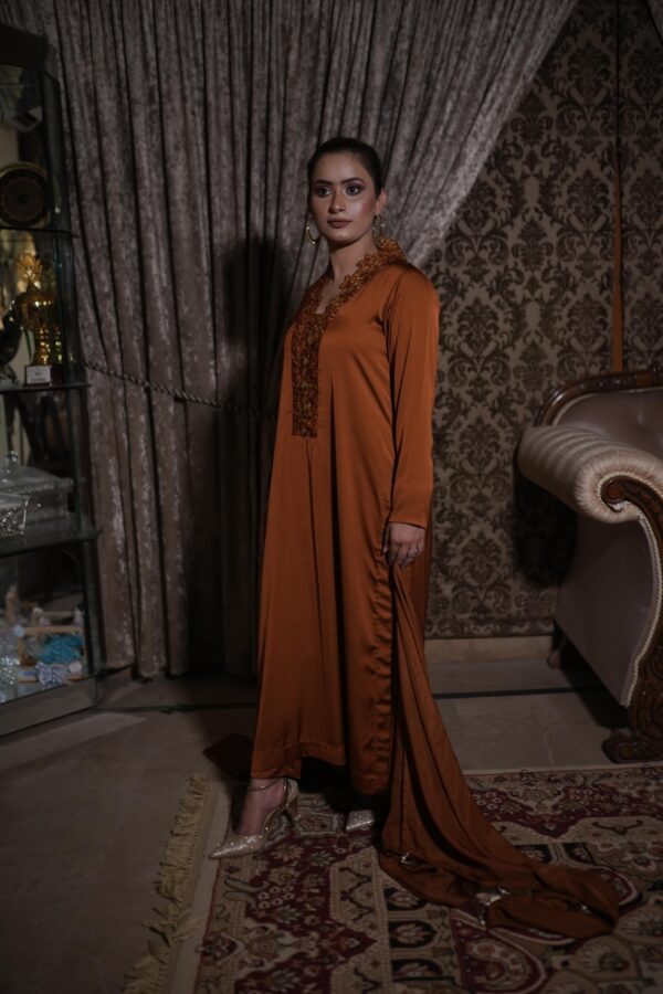 Zara Golden Brown Silk Suit with Lace Detailing and Tasselled Dupatta