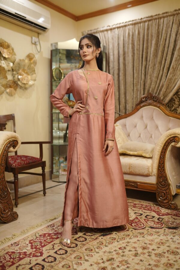 Gilded Rose: Rose Gold Silk Suit with Collar Cord Set Design by Saanah