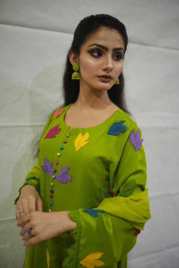 Vibrant Parrot Green Raw Silk Suit with Khaddi Net Dupatta & Floral Design by Saanah