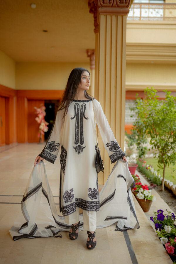 Model wearing Shan-e-Zar: White Elegance Unleashed, showcasing front view with floral embroidery, from Saanah traditional clothing collection.