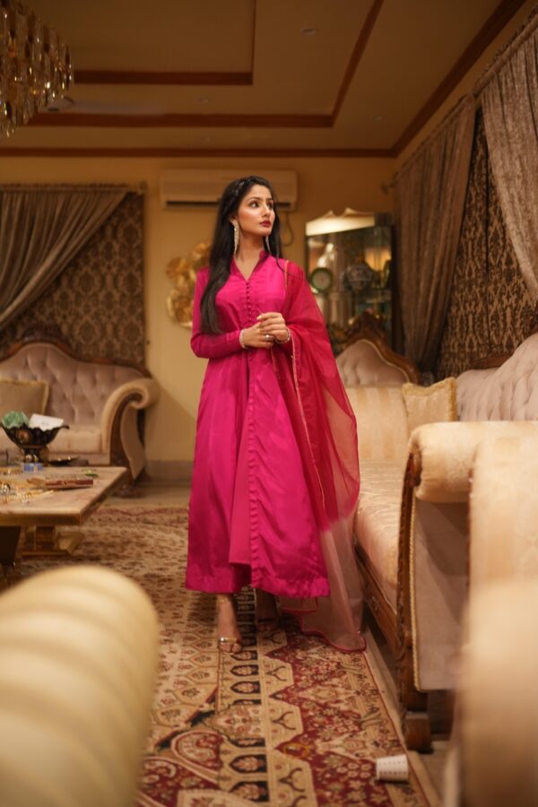 Rose Royale: Fuchsia Pink Silk Suit with Diamond Lace Dupatta by Saanah