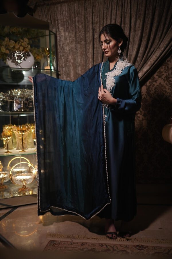 Emerald Elegance: Two-Tone Silk Suit with Pearl Accents by Saanah