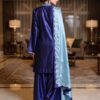 Back view of royal blue Pakistani formal dress with scalloped dupatta.