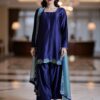 Front view of royal blue kurta with embroidered daman and silk dupatta.