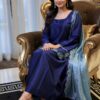 Front view of royal blue kurta with embroidered daman and silk dupatta.