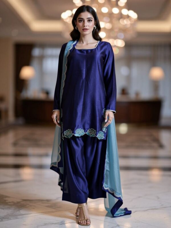 Front view of royal blue kurta with embroidered daman and silk dupatta.