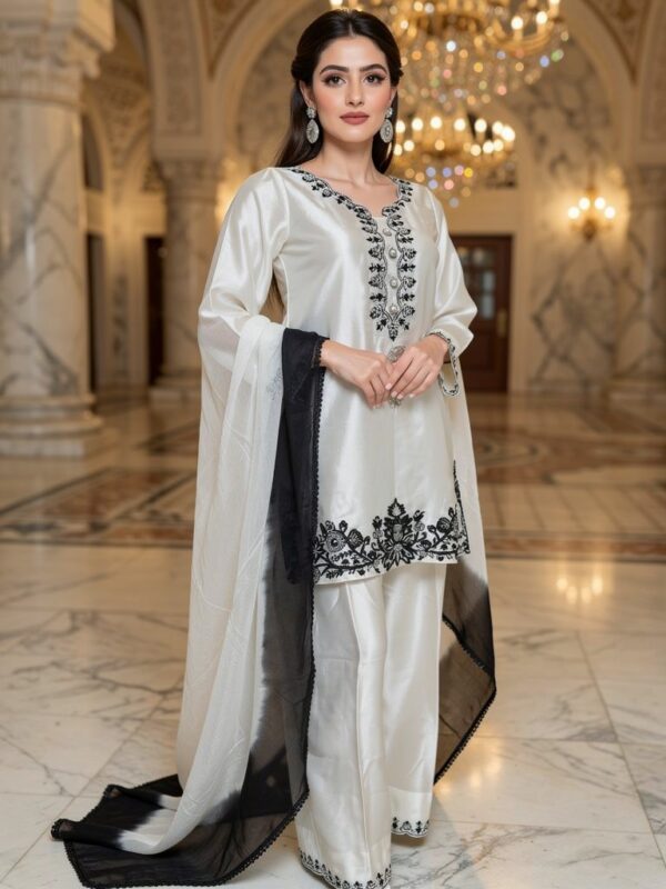 "Noor" – Pearl White Hand-Embroidered Sheesha Silk Farshi Set