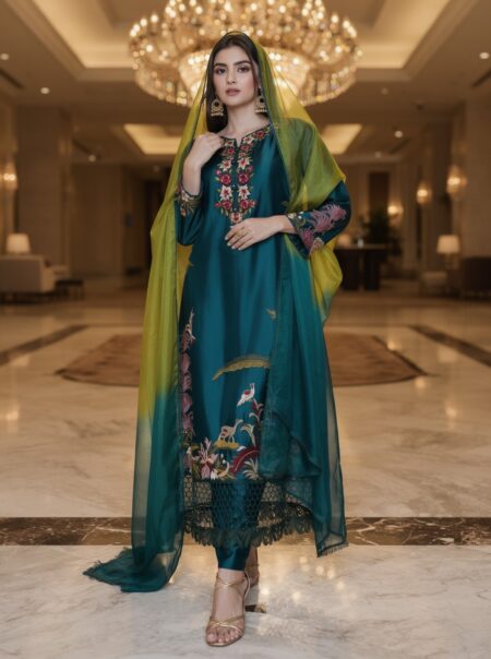 Formal sea green sheesha silk long shirt with heavy silver embroidery.