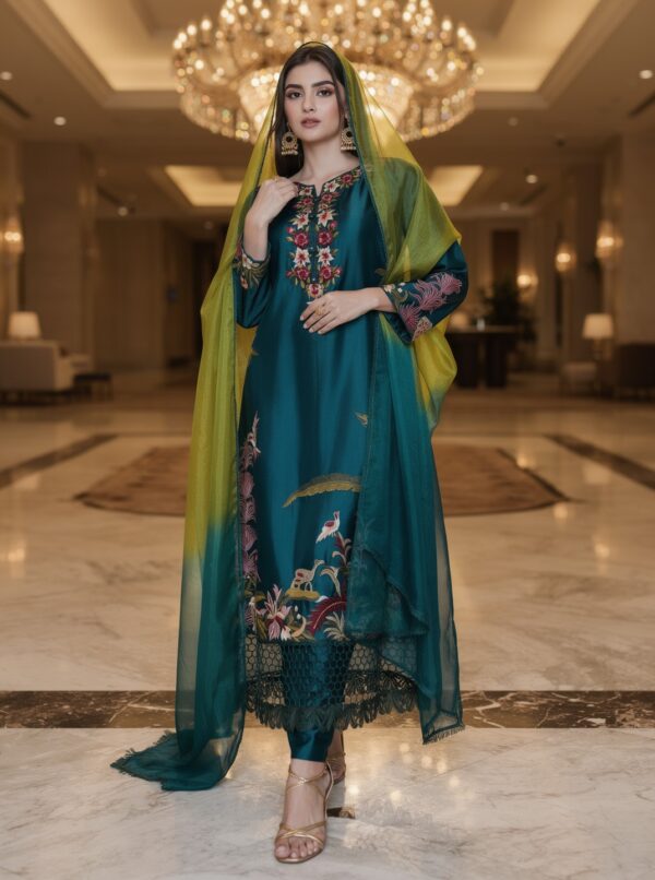 Formal sea green sheesha silk long shirt with heavy silver embroidery.