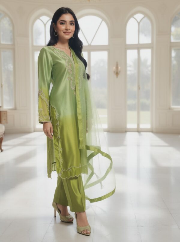 Side profile showing scalloped embroidered daman and sheer organza dupatta with tassels.