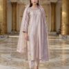 Elegant powder pink sheesha silk suit with heavy embroidery on the shirt.