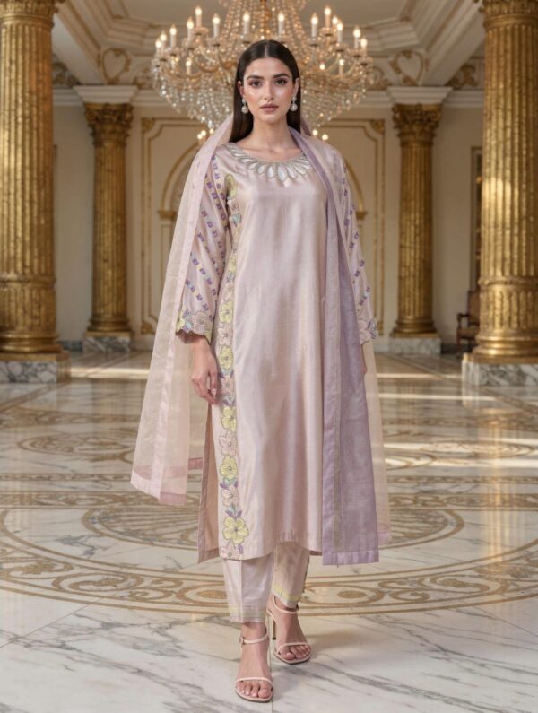 Elegant powder pink sheesha silk suit with heavy embroidery on the shirt.