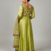 Hand-embroidered back neckline details on green festive Anarkali frock.