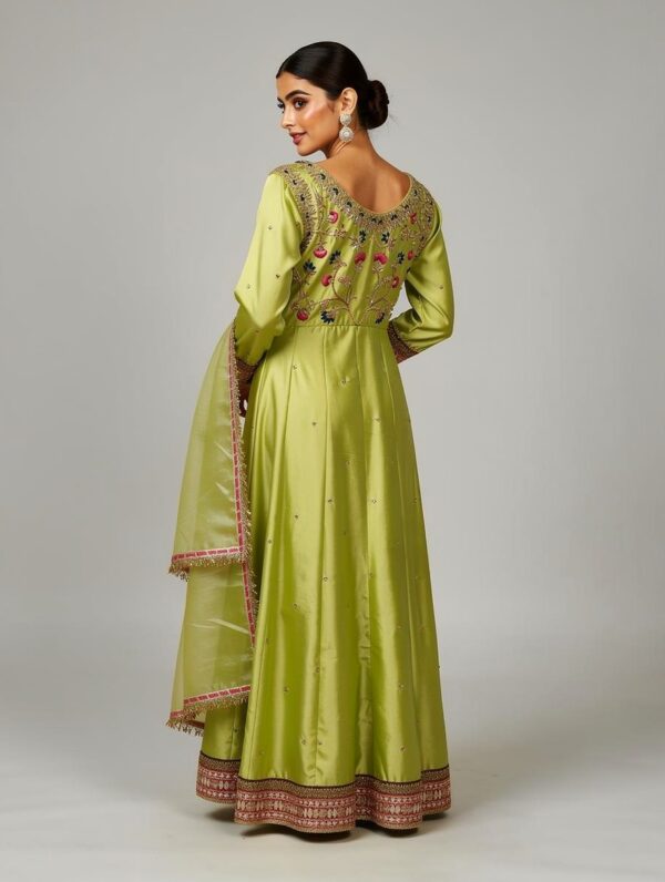 Hand-embroidered back neckline details on green festive Anarkali frock.