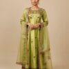 Apple green sheesha silk Anarkali dress with resham and kora hand embroidery