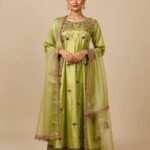 Apple green sheesha silk Anarkali dress with resham and kora hand embroidery