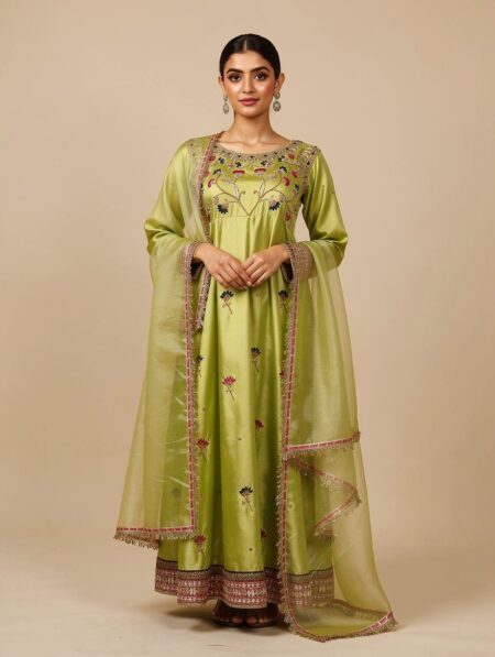 Apple green sheesha silk Anarkali dress with resham and kora hand embroidery