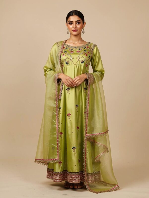 Apple green sheesha silk Anarkali dress with resham and kora hand embroidery