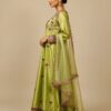 Apple green sheesha silk Anarkali dress with resham and kora hand embroidery.