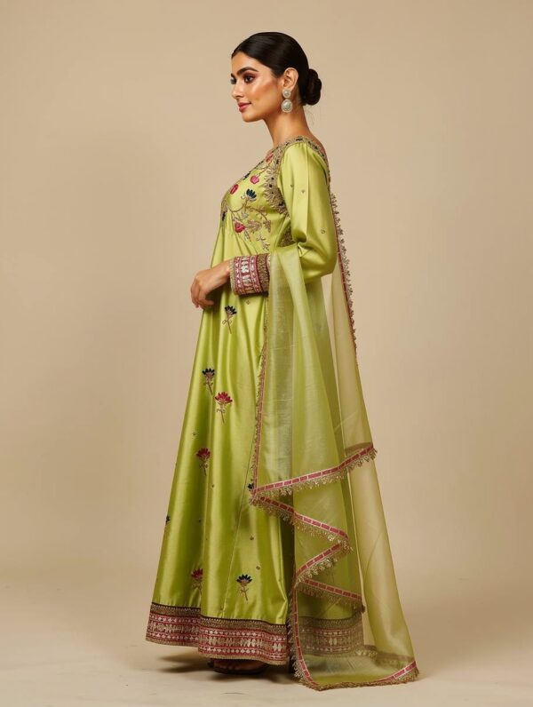 Apple green sheesha silk Anarkali dress with resham and kora hand embroidery.