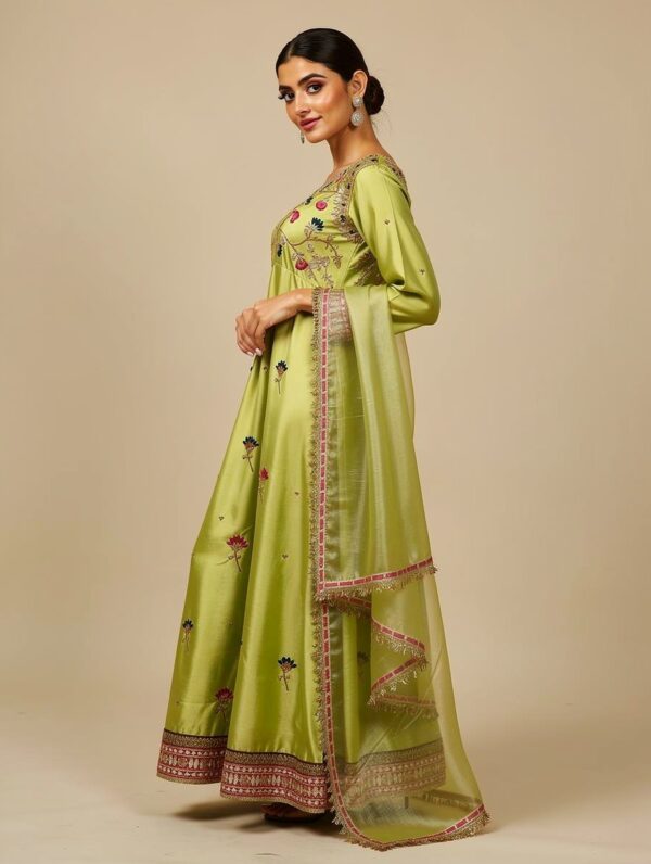 Apple green pure organza dupatta with gota finishing and sheesha silk flare.