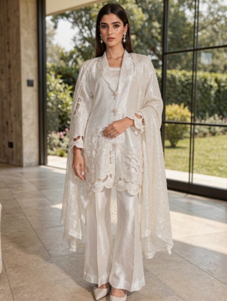 Pearl White Premium Sheesha Silk Cutwork Suit (3-Piece)