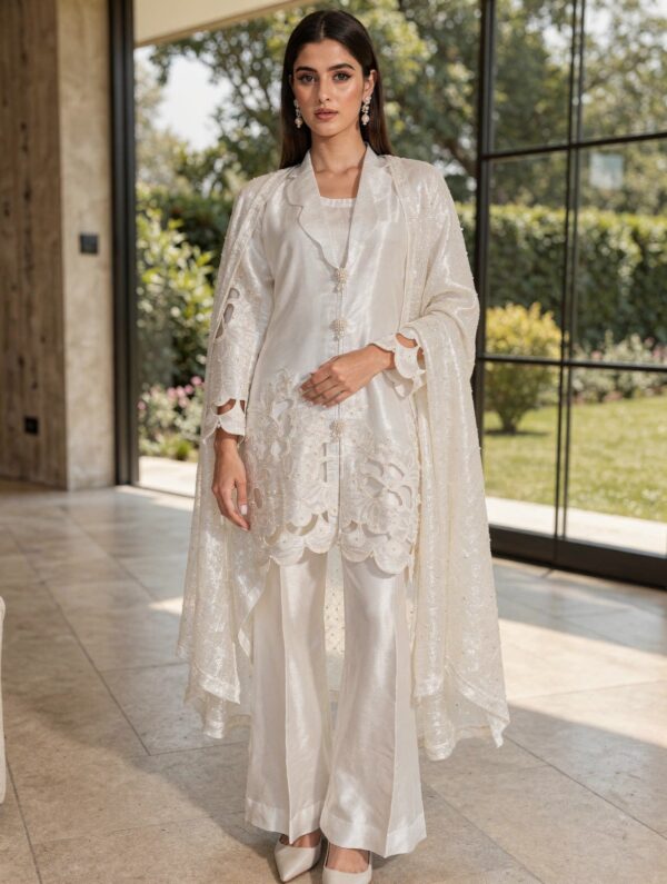 Pearl White Premium Sheesha Silk Cutwork Suit (3-Piece)