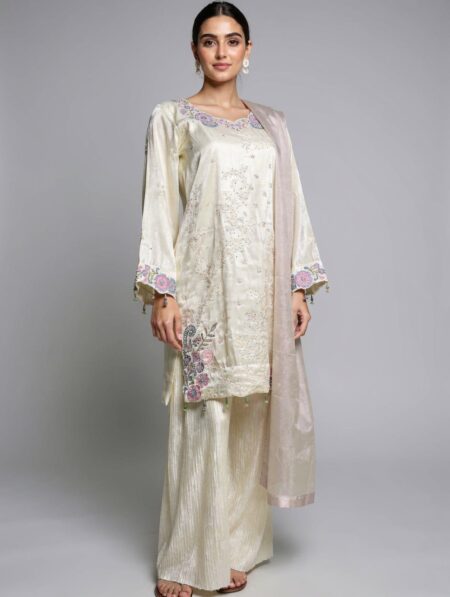 Ivory Premium Sheesha Silk Embroidered Short Shirt with Crush Pants (3-Piece)