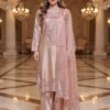 Front view of model wearing stitched peach pink sheesha silk embroidered suit by Saanah.