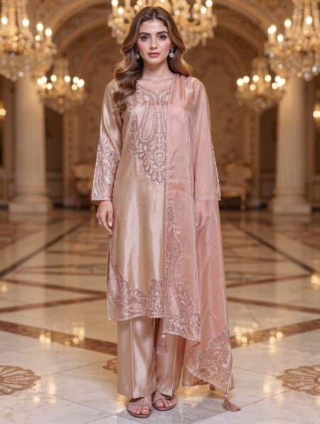 Front view of model wearing stitched peach pink sheesha silk embroidered suit by Saanah.