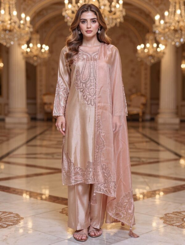 Front view of model wearing stitched peach pink sheesha silk embroidered suit by Saanah.