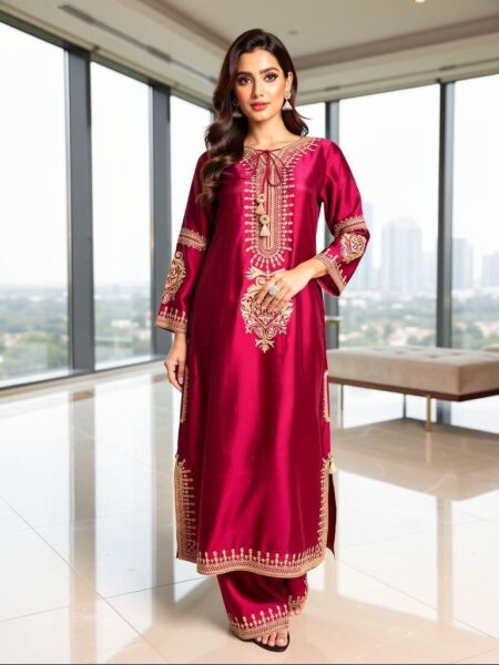 Magenta Pure Sheesha Silk Embroidered Kaftan Suit (2-Piece)