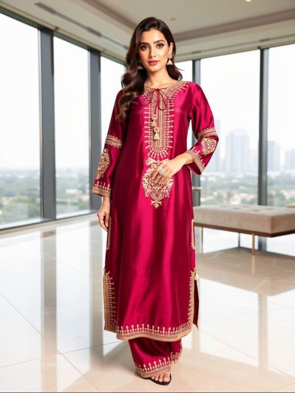 Magenta Pure Sheesha Silk Embroidered Kaftan Suit (2-Piece)